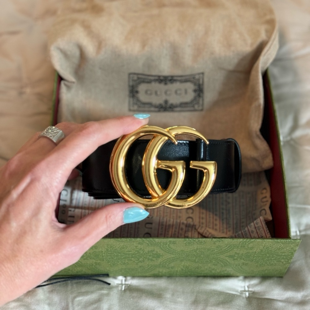Gucci Black and Gold Double G Women's Belt (85)
